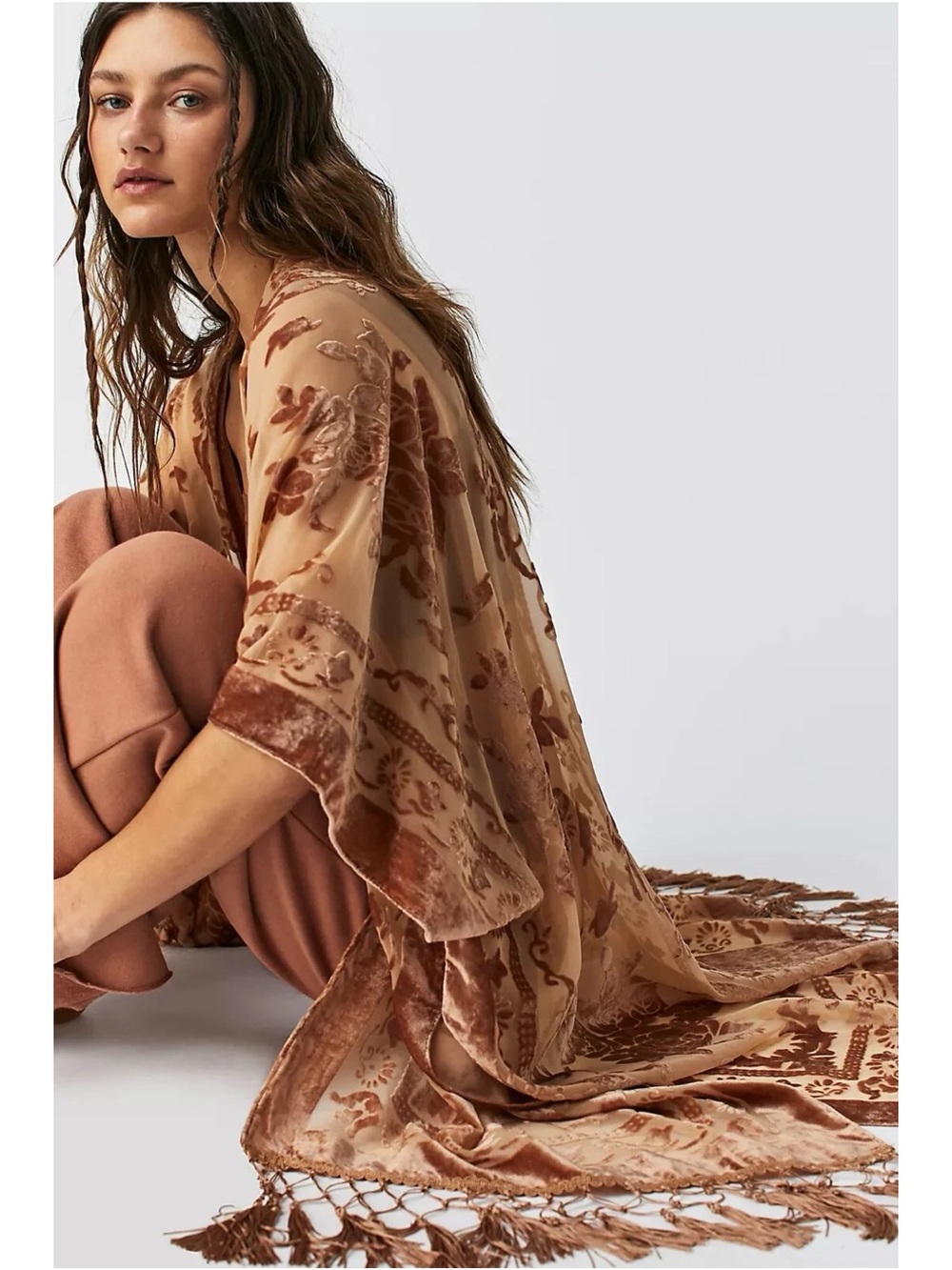 Free People / Nightbird Burnout Kimono Warm Sand Tan One Size